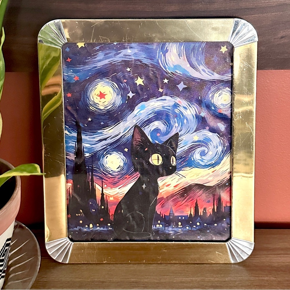 Black Cat Starry Night City View Canvas Art Print Vintage Brass Mirrored Frame